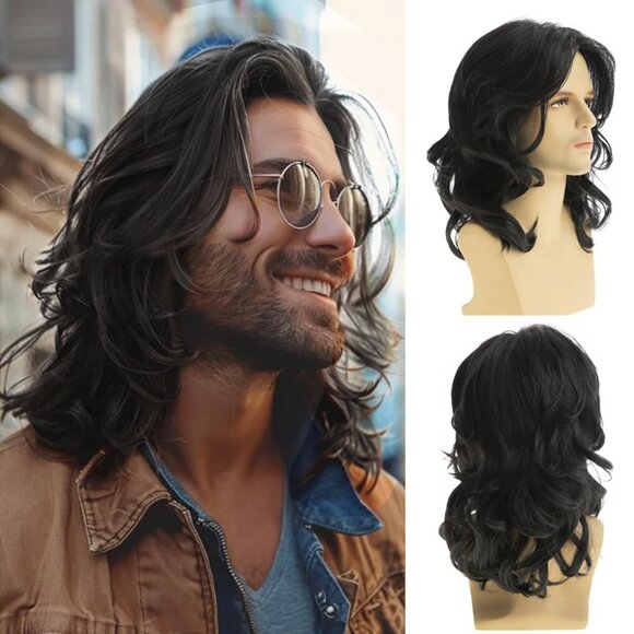Baruisi Long Black Wigs for Men Synthetic Layered Wavy Cosplay Party Wig - Picture 1 of 5